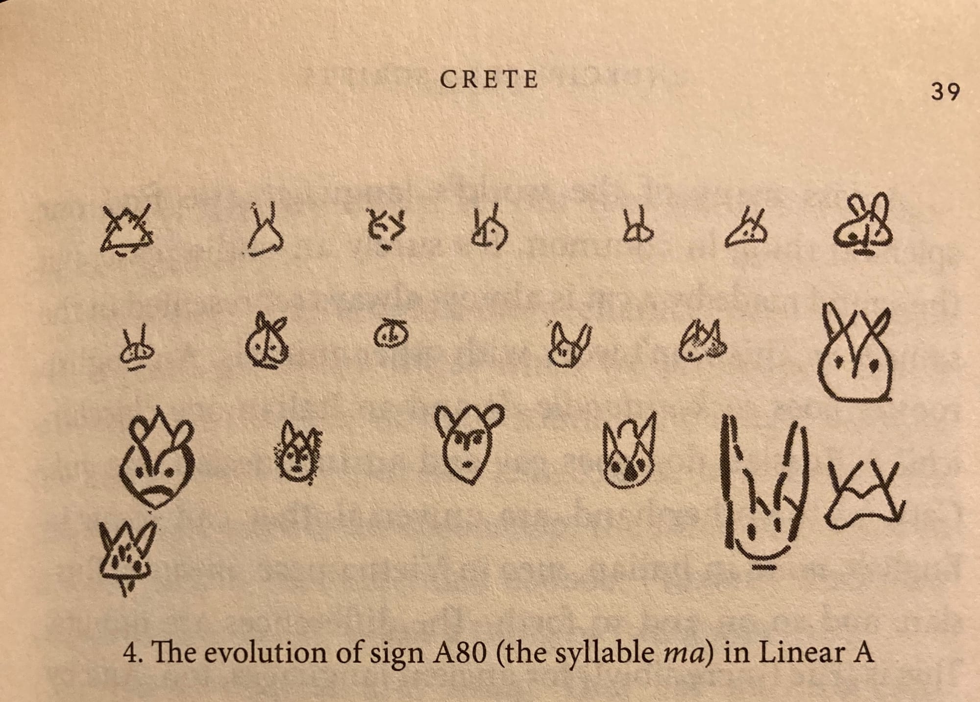 A photo from the book The Greatest Invention showing a series of line drawings that become a written sign. Some are more abstract but some look very much like cartoon cat heads. The text below reads "the evolution of sign A80 (the syllable ma) in Linear A"
