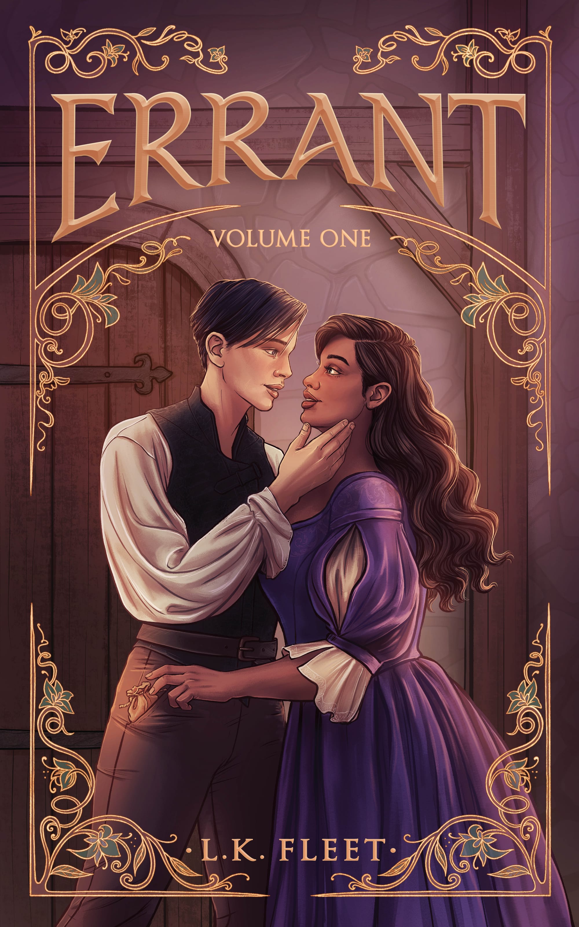 Errant, Volume One cover. An illustration of two women embracing. One is picking the other's pocket.