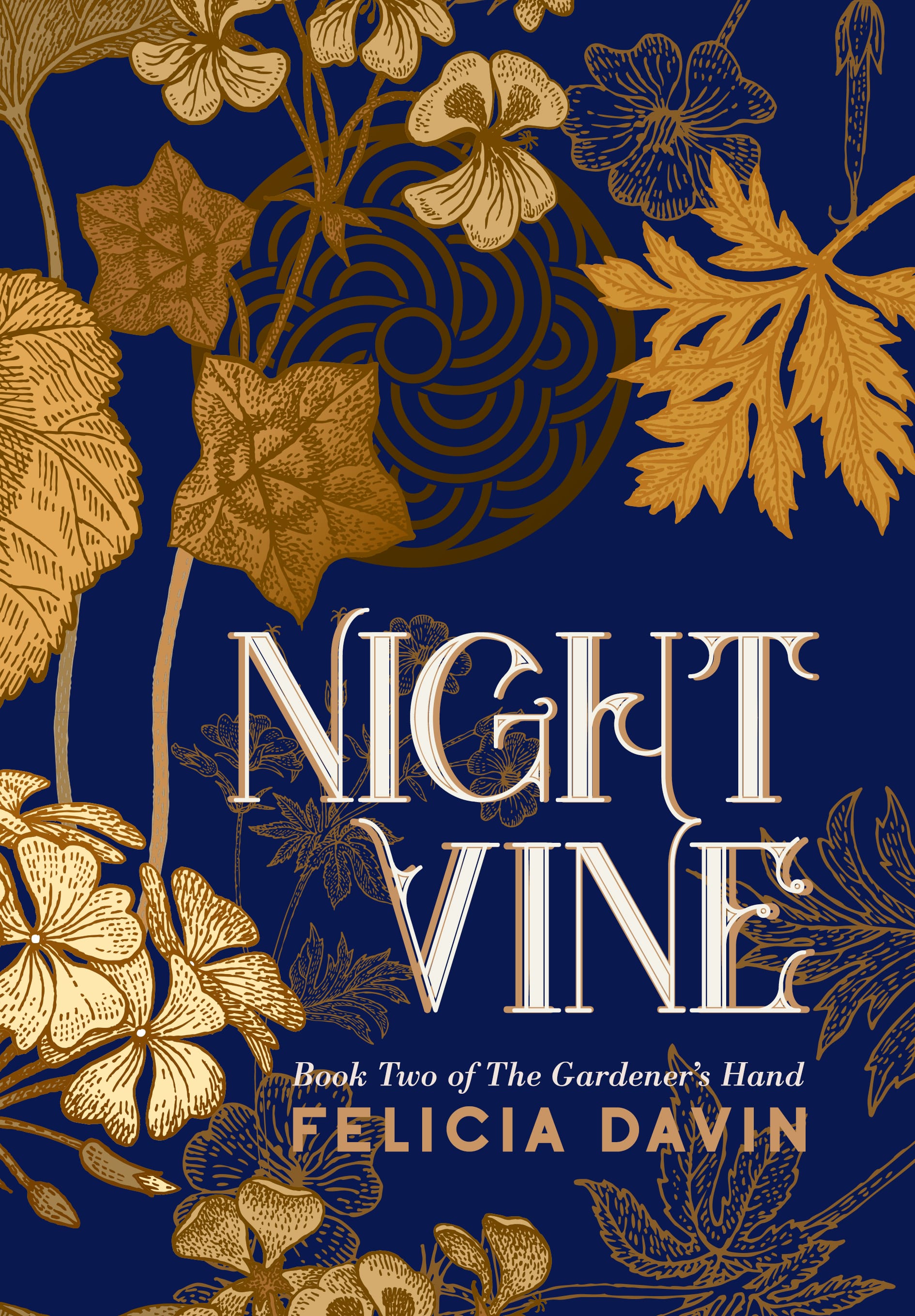 The cover of Nightvine by Felicia Davin. Illustrations of gold flowers on a blue background.
