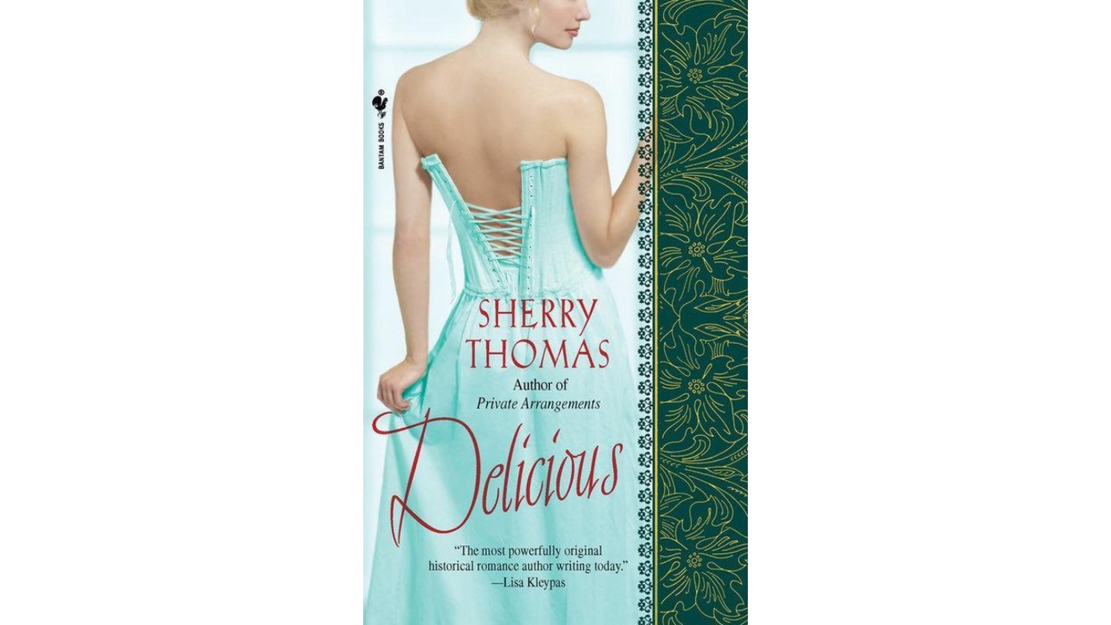 the cover for Delicious by Sherry Thomas, showing a white woman's back in an unlaced corset